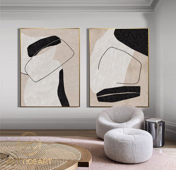 Set of 2 Minimalist Line Art Abstract Canvas Painting Beige Black Modern Diptych Wall Art