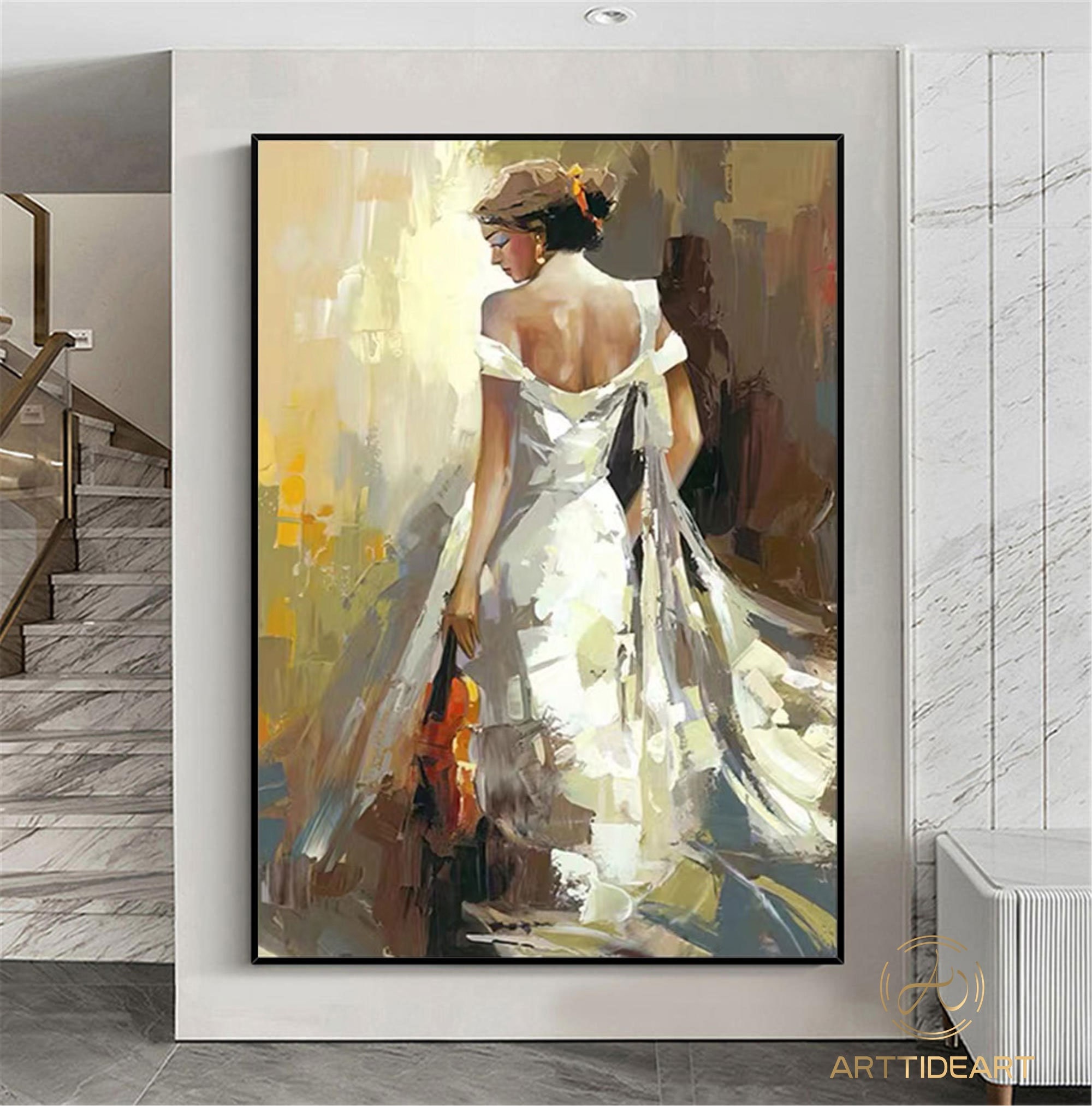 Large Violinist Oil Painting: Modern Abstract Musician Art