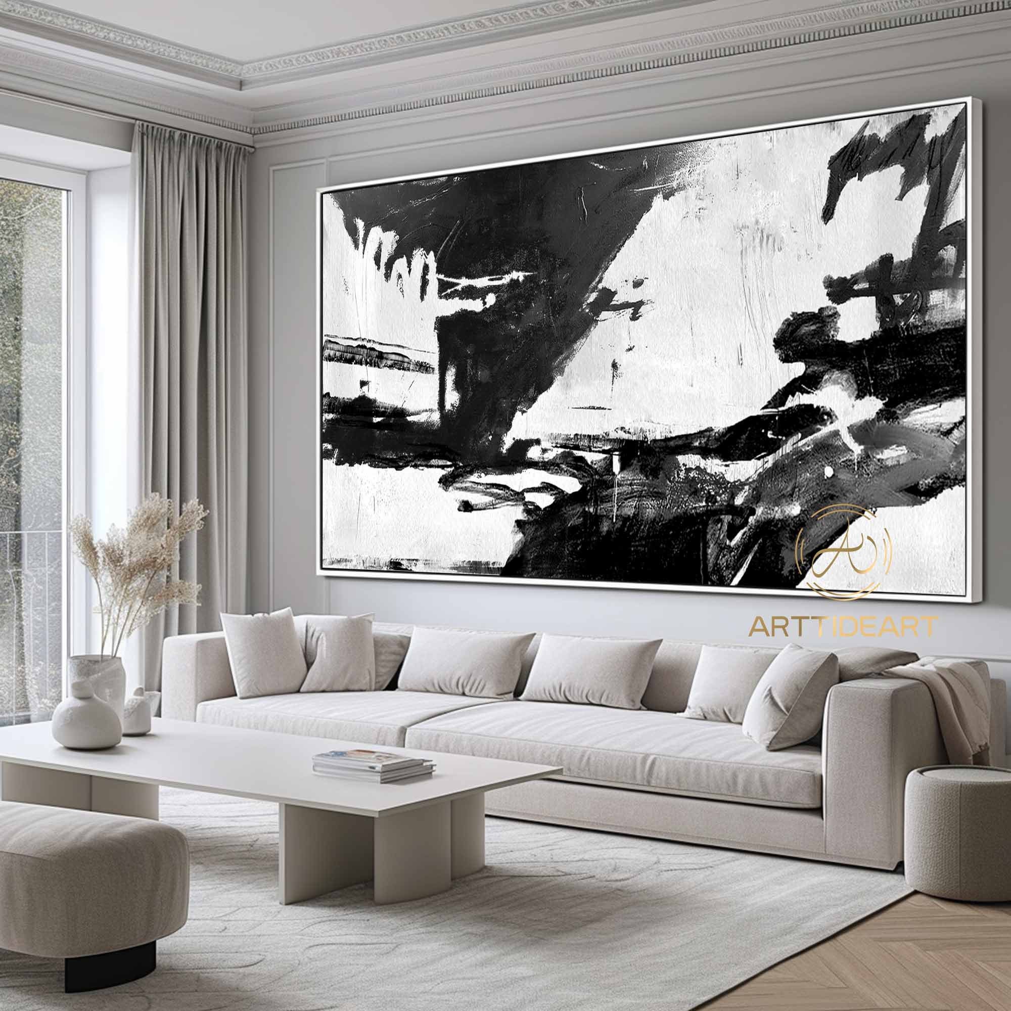 Large Black and White Abstract Painting: Minimalist Textured Canvas Art ...