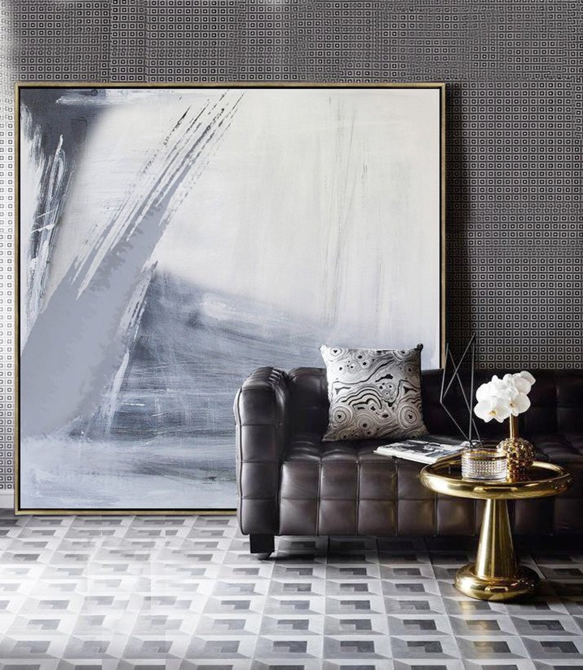 Black White Wall Art Grey White Minimalist Canvas Art Large Etsy