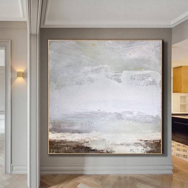 Groot beige abstract landschapsschilderij: kunst aan de kust strand