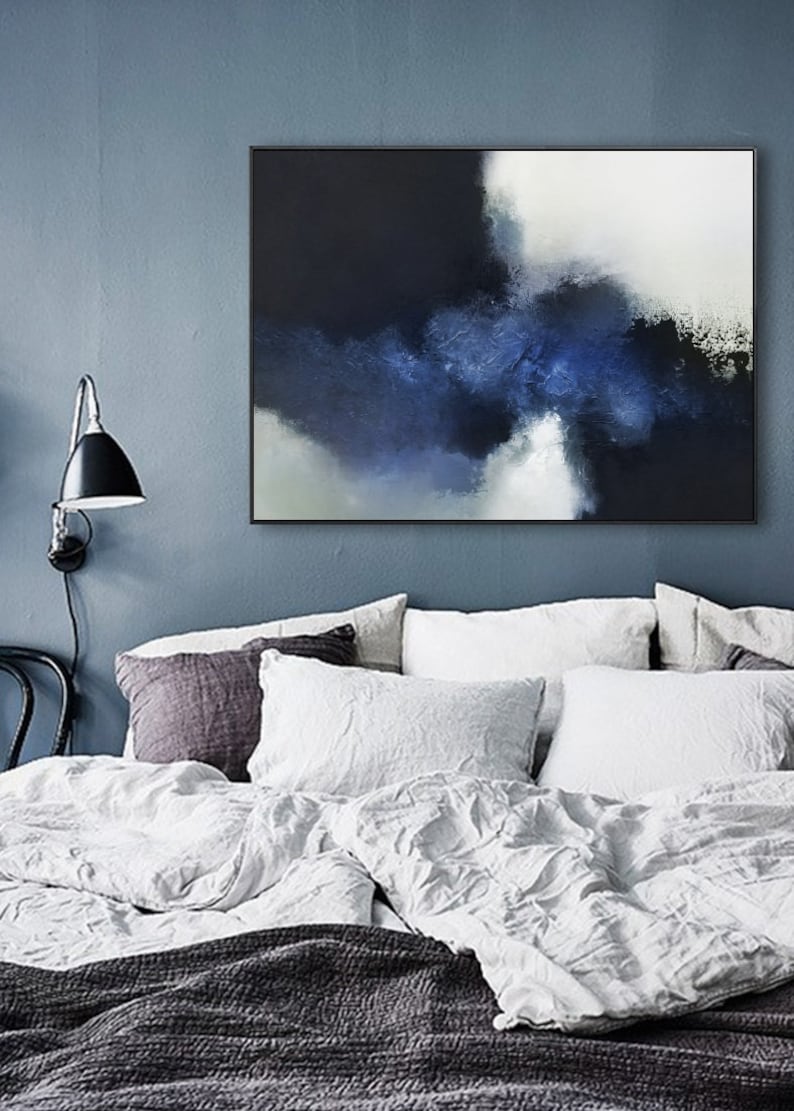 Ocean Painting,Black White Painting,Large Abstract Painting Blue Abstract Painting Horizontal Wall Art,Handmade Art,Blue Oil Painting