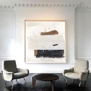 Oversized Beige Abstract Painting: Minimalist Black and White Art