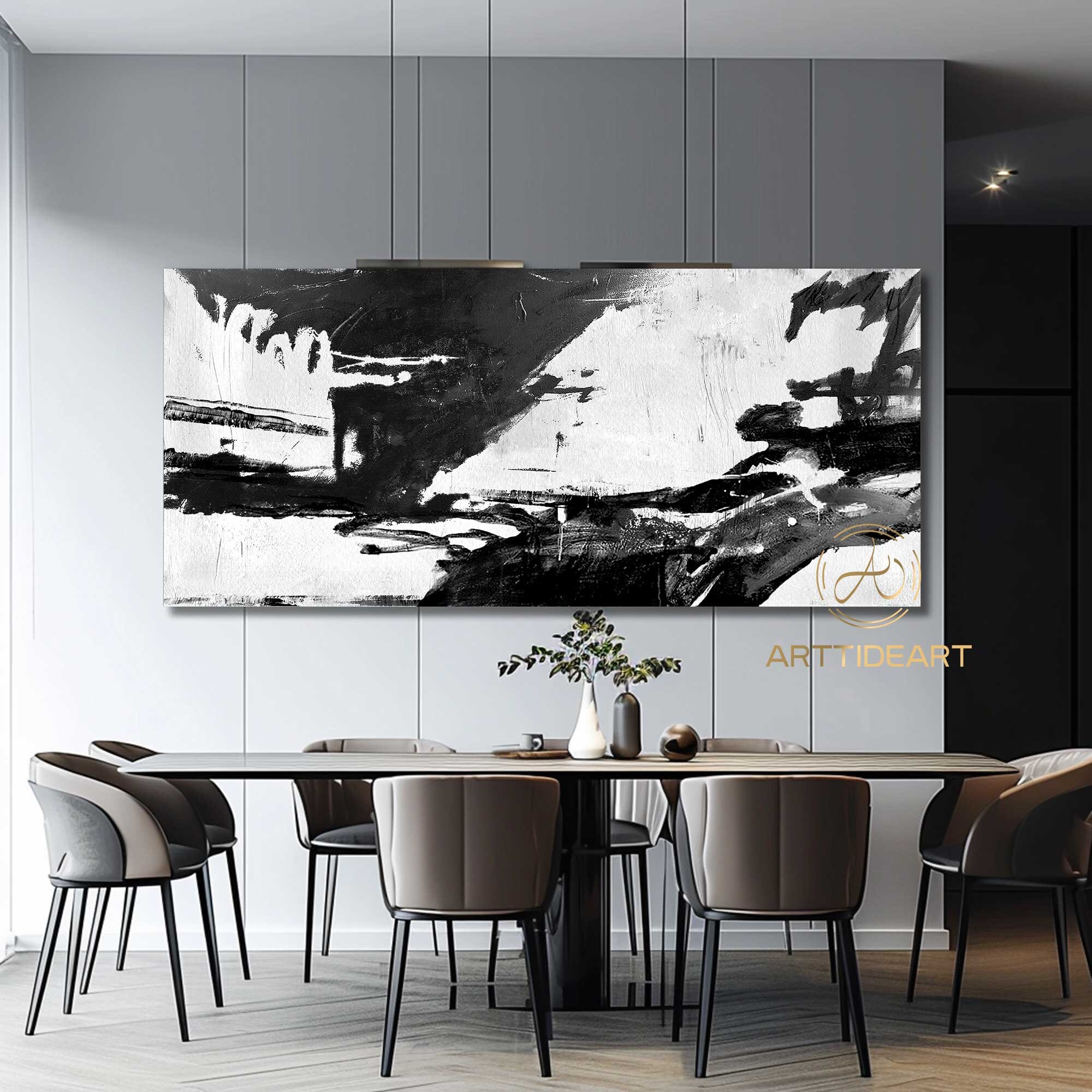 Large Black and White Abstract Painting: Minimalist Textured Canvas Art ...
