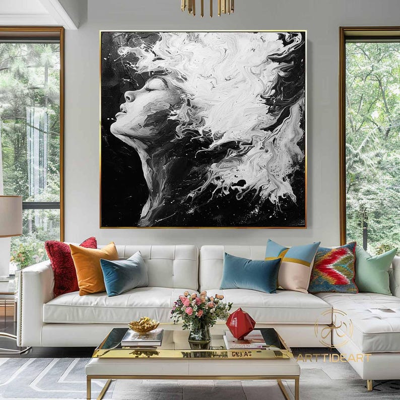 Abstract Woman Face Painting: Black White Texture Wall Art - Etsy