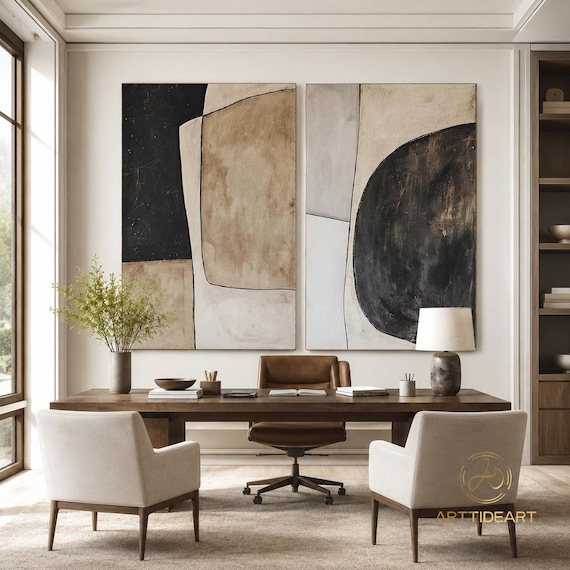 Set of 2 Wabi Sabi Wall Art Large Abstract Diptych Painting Organic Modern Beige Canvas Decor
