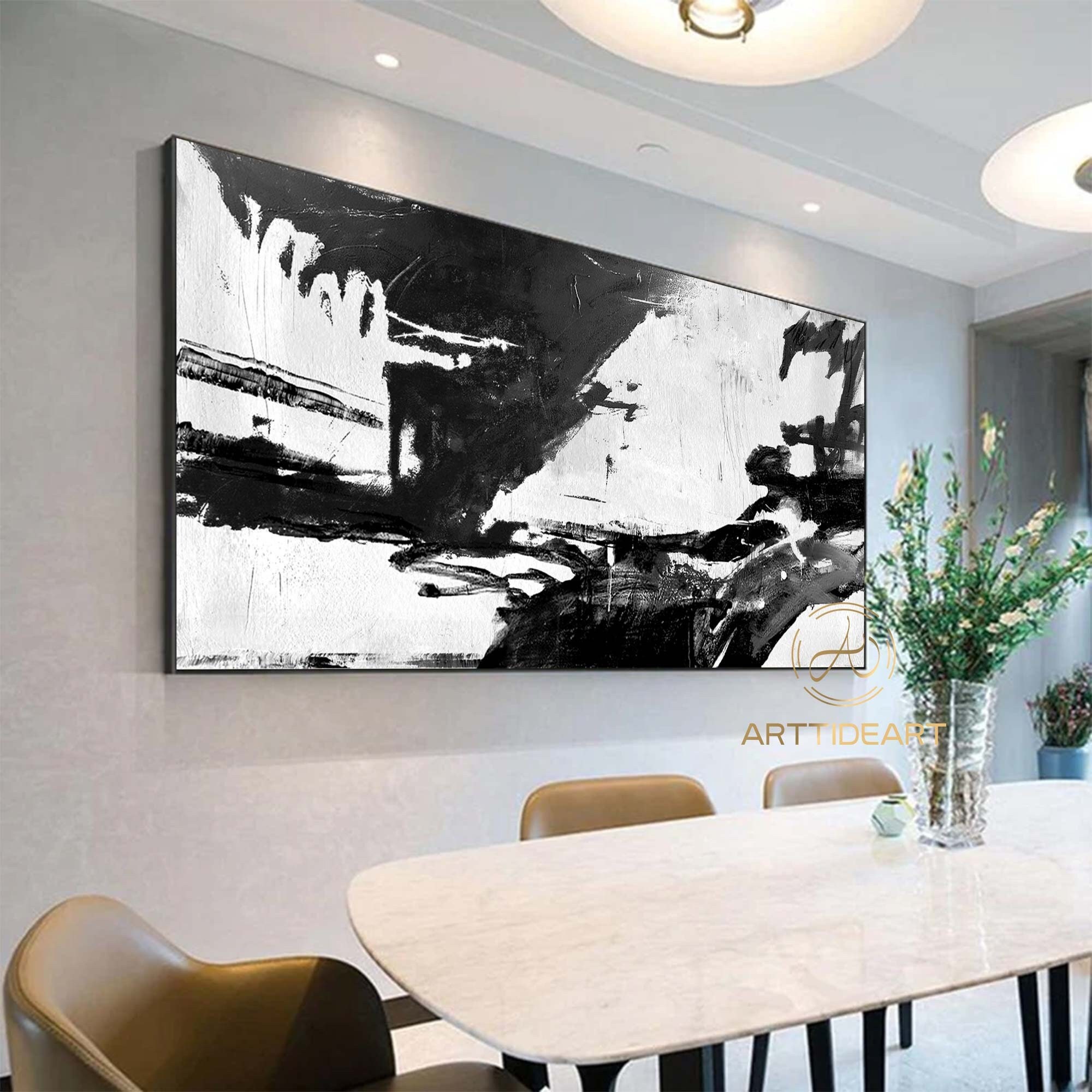Large Black and White Abstract Painting: Minimalist Textured Canvas Art ...