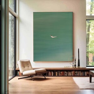 Green Abstract Art: Girl Swimming Oil Painting, Minimalist Wall Decor image 8