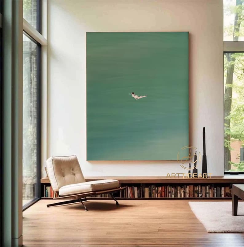 Green Abstract Art: Girl Swimming Oil Painting, Minimalist Wall Decor image 8