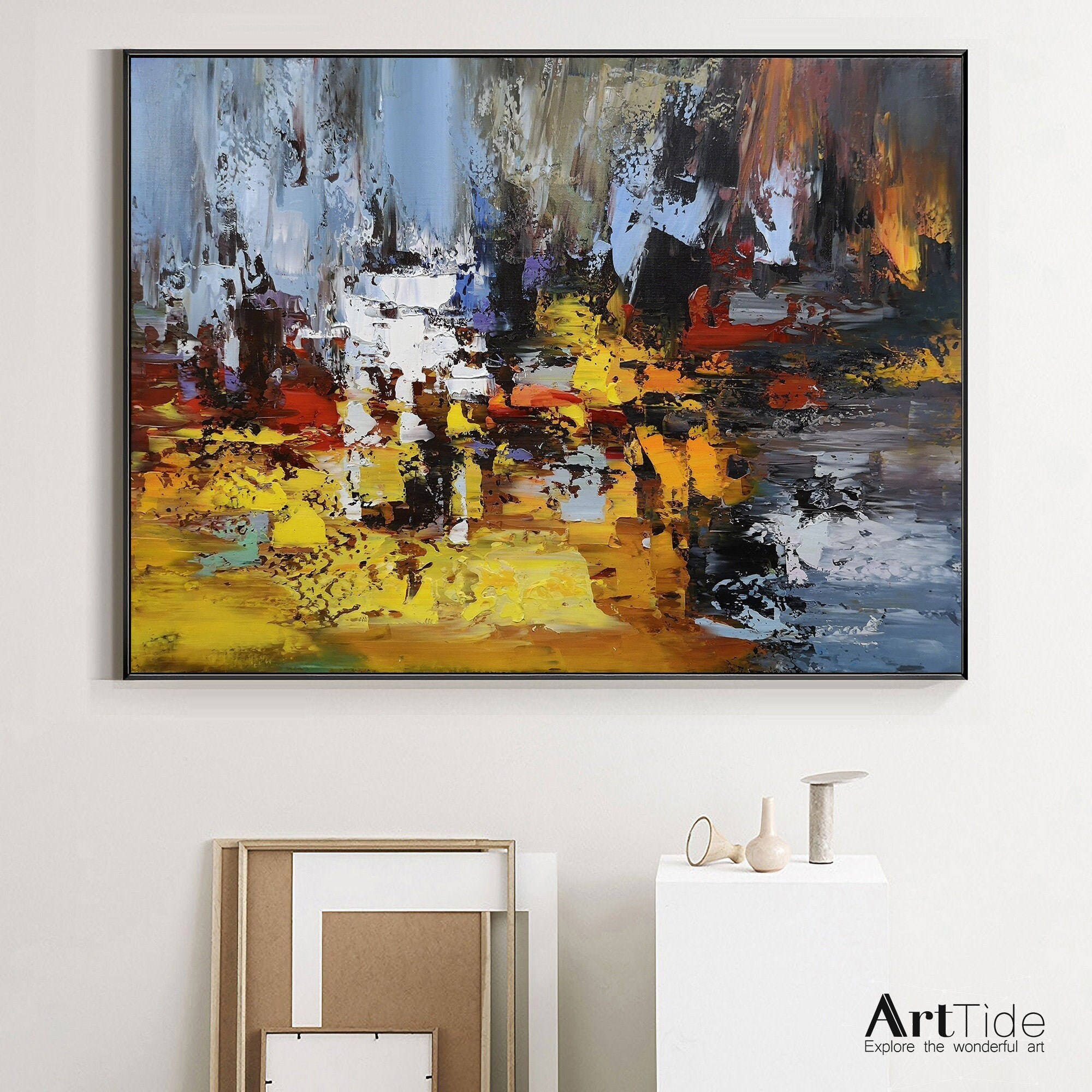 Large original abstract canvas art bright paint yellow blue | Etsy