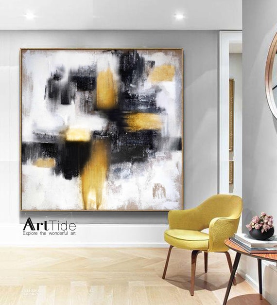 Original Abstract Art Gold Paintingblack Painting White Etsy