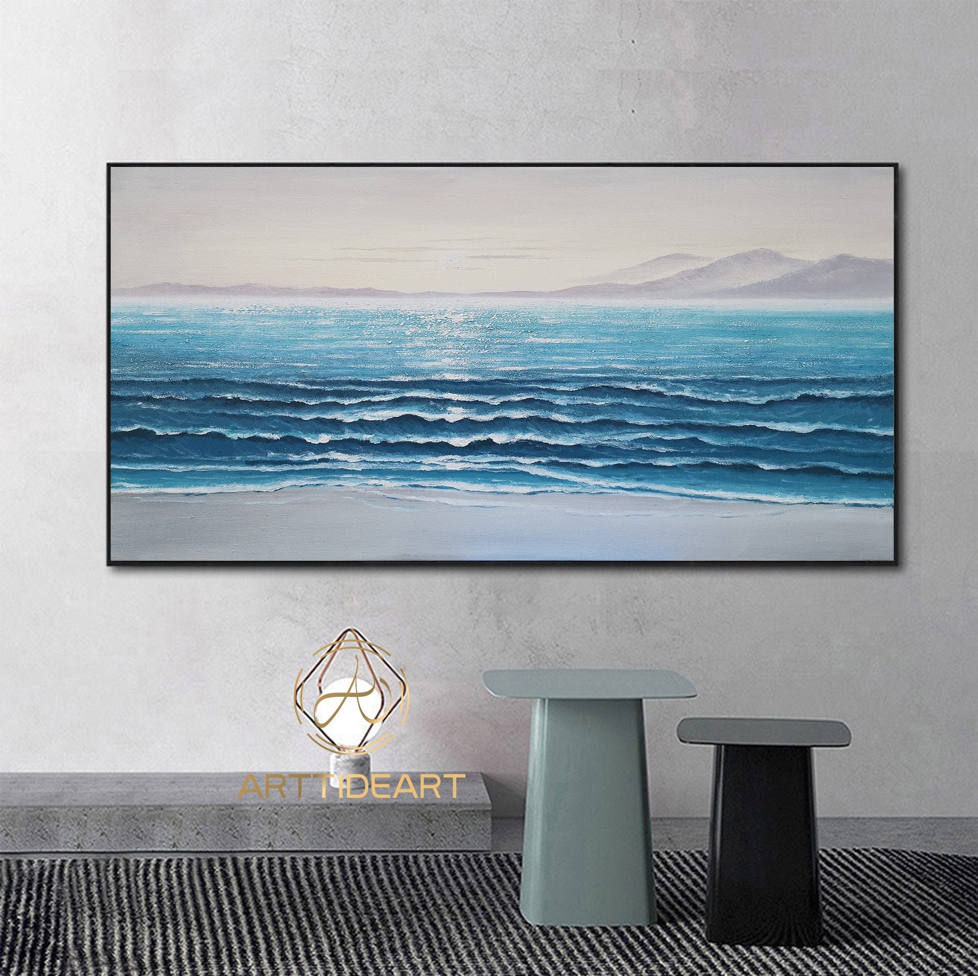 大きな青い海の抽象画：海景ビーチサンセットアート - Etsy 日本