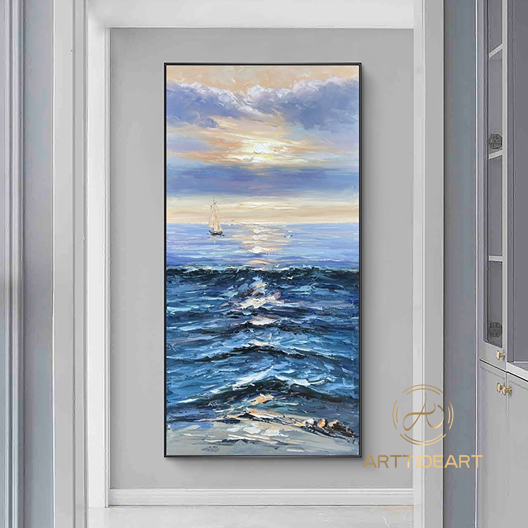 キャンバスに描かれたオリジナルの青い海の絵画：テクスチャのある海景ウォールアート