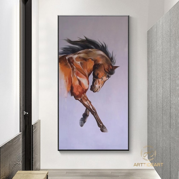 大きな抽象的な茶色の馬の油絵：オリジナルの動物アート（40x24インチ