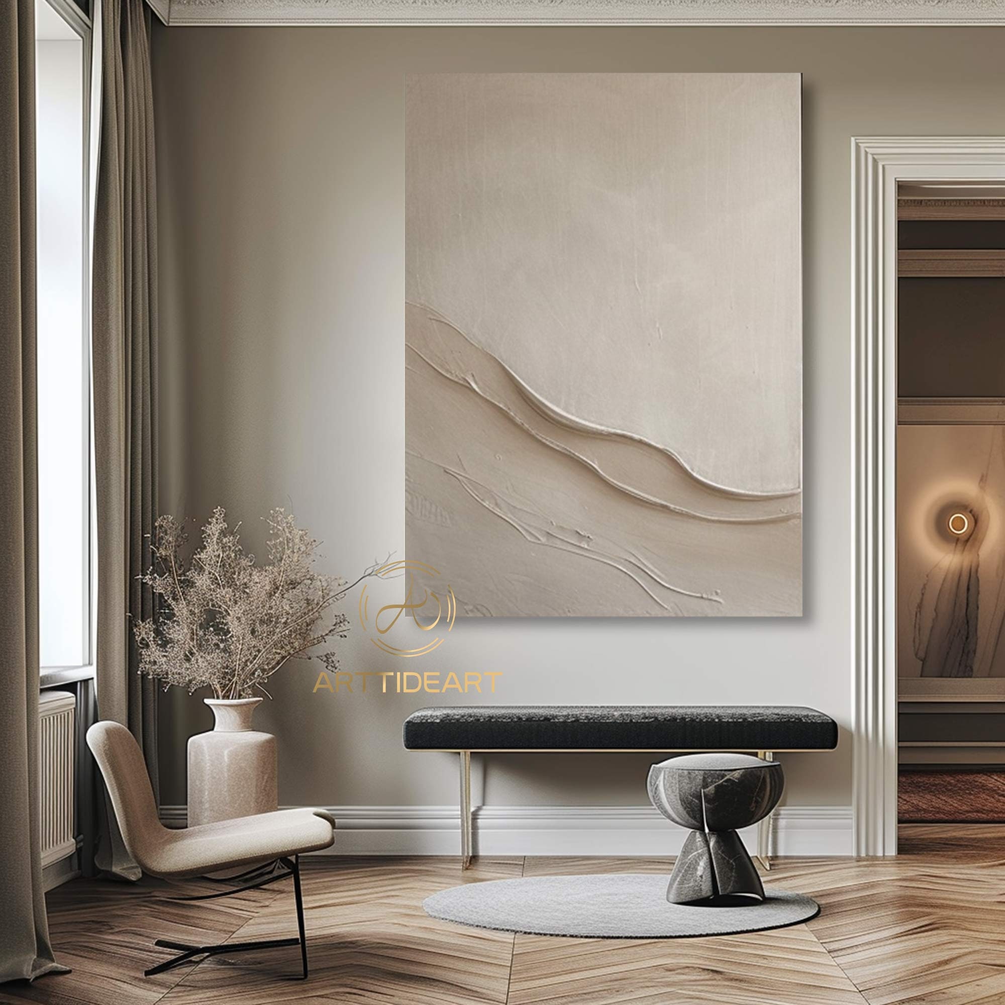 Large Beige Plaster Wall Art Beige Abstract Wave Painting Beige 3D ...