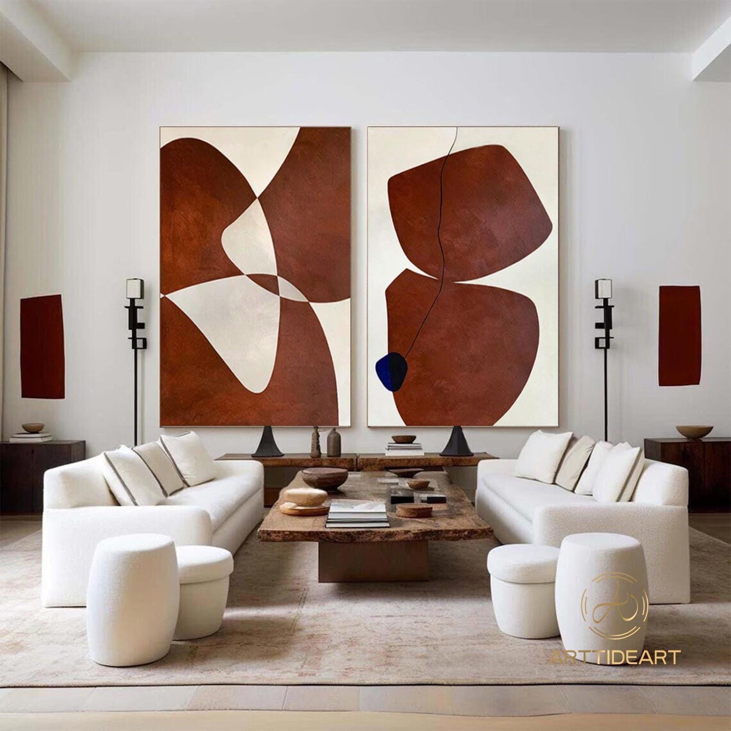 Set of 2 Pieces Wabi Sabi Wall Art Large Red Texture Painting a pair of Reddish Brown Minimalist Wall Art Large Beige Texture Wall Art