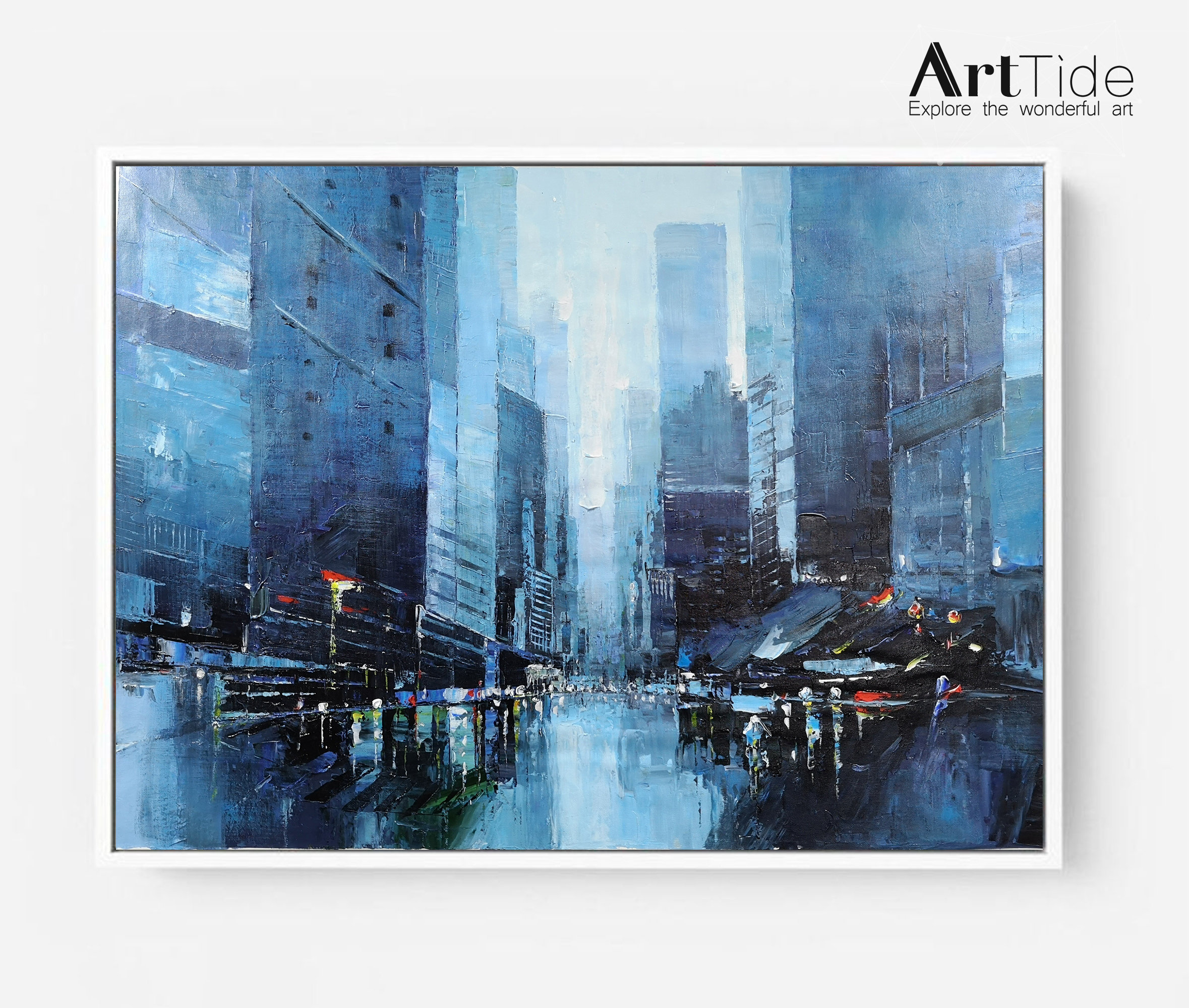 都市景観絵画オリジナル、青い絵画、大きな抽象都市景観絵画、都市抽象