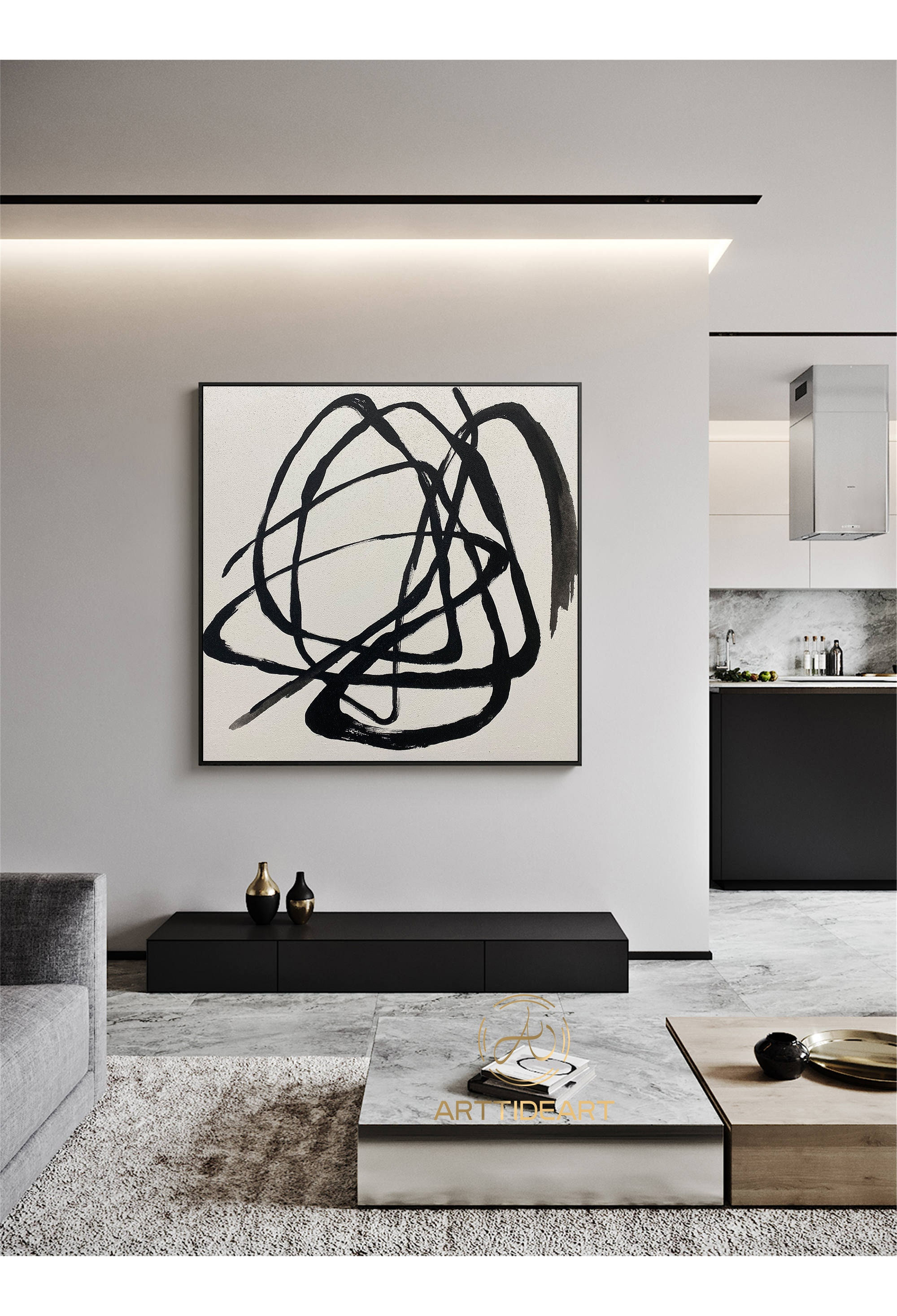 YaSheng Art 3D-Leinwandkunst – Handgemaltes Abstraktes Ölgemälde 61x61 Cm | Schwarz-Weiß Minimalismus Für Moderne Wanddekoration