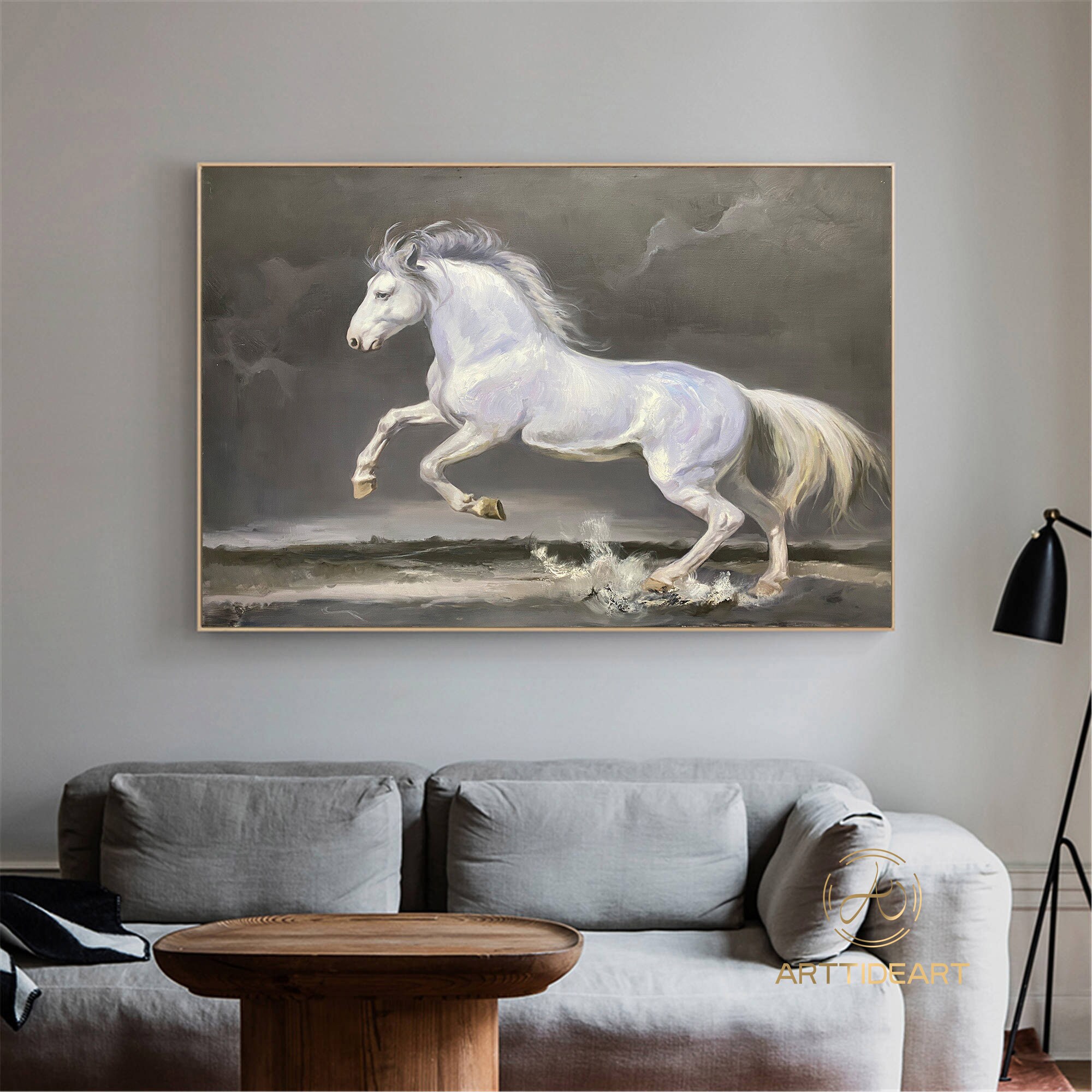 走る白い馬の大きな油絵：動物の壁アート - Etsy 日本