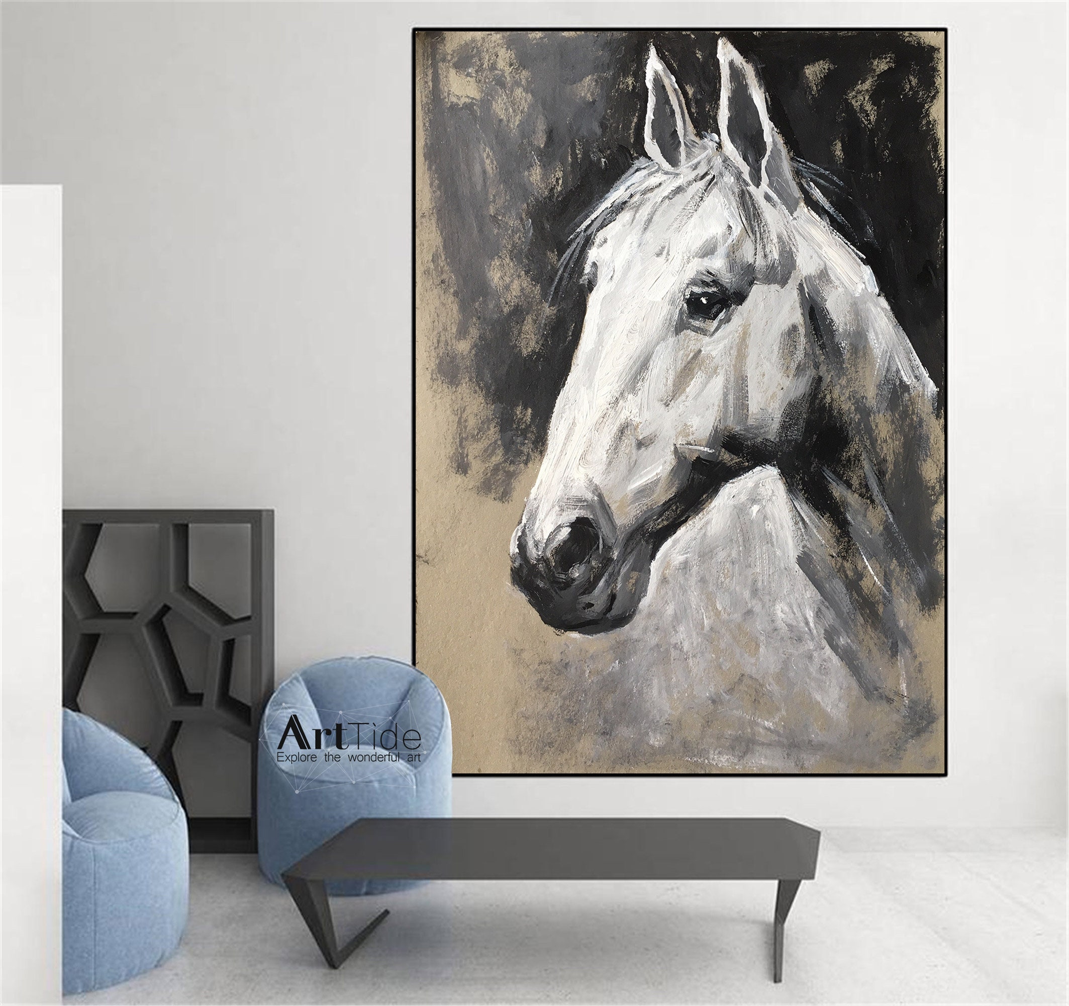 White Horse Painting Horse Oil Painting Horse Wall Art Living Etsy
