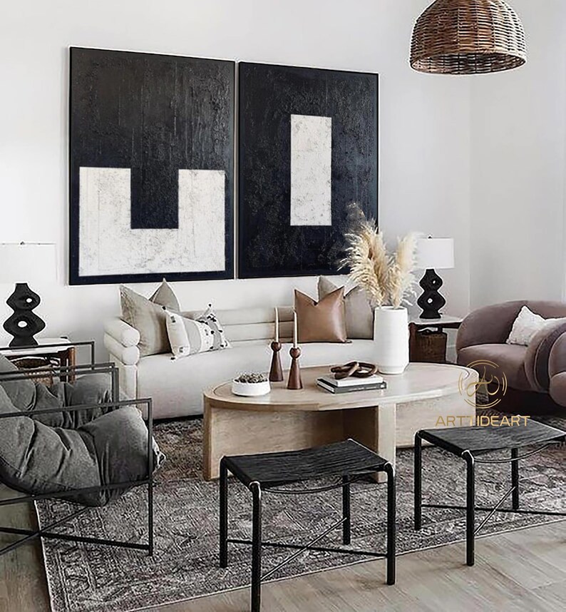 Black 3D Textured Art Set of 2 Black Wall Art Black and White Etsy