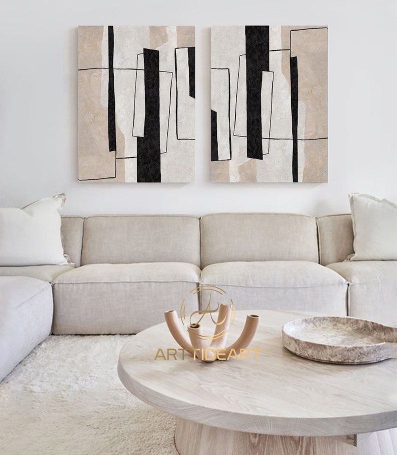 Large Minimalist Abstract Painting Beige Painting Set of 2 Beige Wall Art Beige black Minimalist Painting On Canvas Set of 2 shops Beige Painting