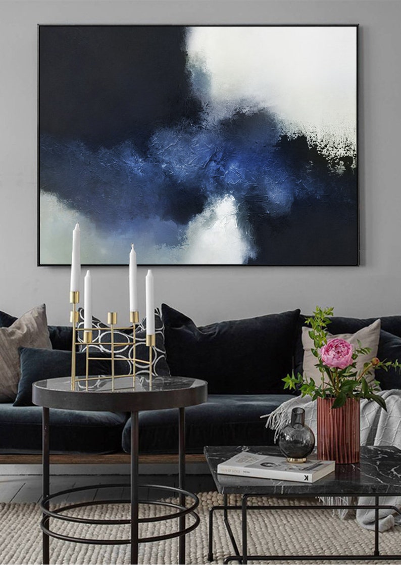 Ocean Painting,Black White Painting,Large Abstract Painting Blue Abstract Painting Horizontal Wall Art,Handmade Art,Blue Oil Painting