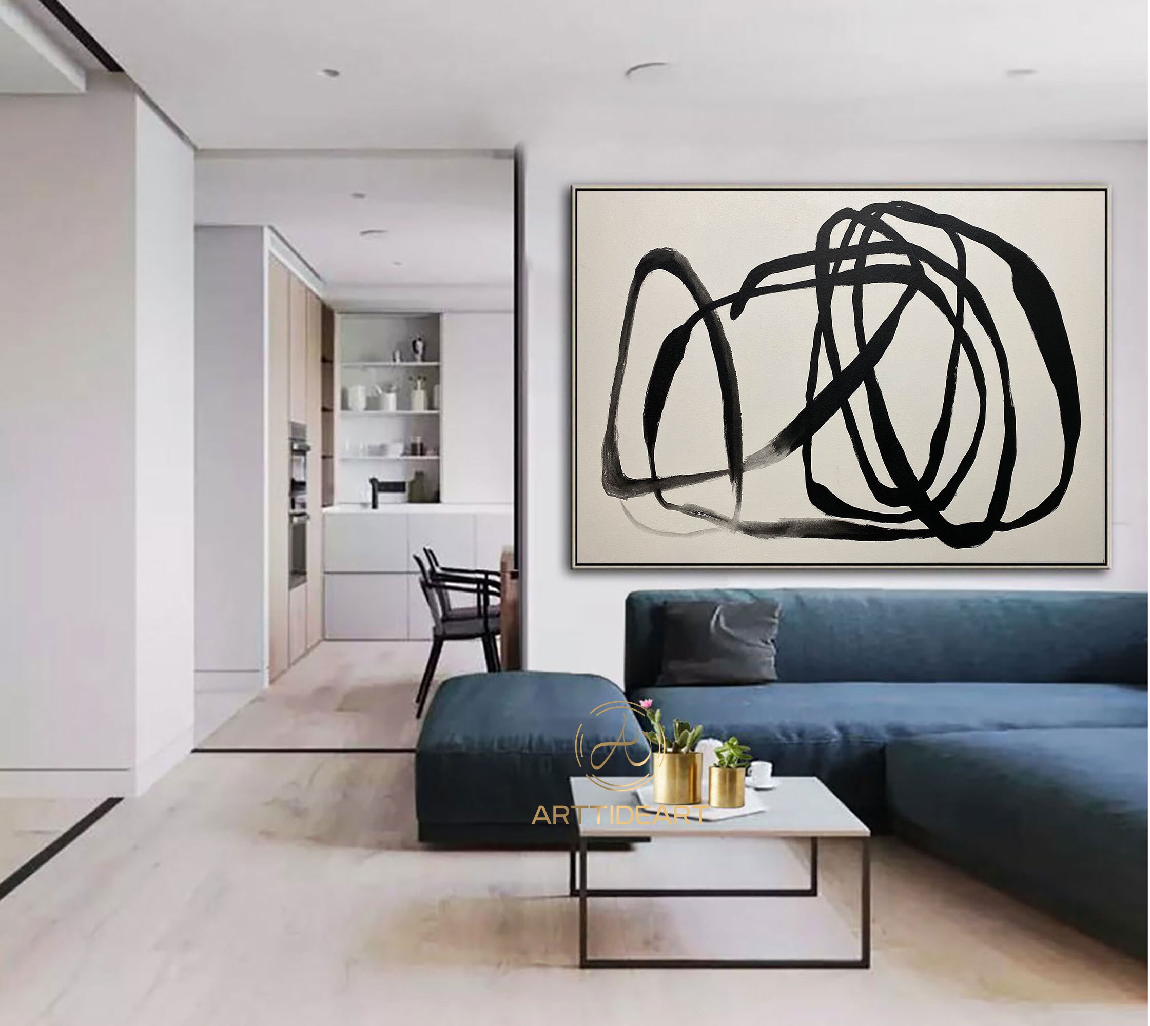 Large Black and White Abstract Line Art Painting, Minimalist Decor - Etsy