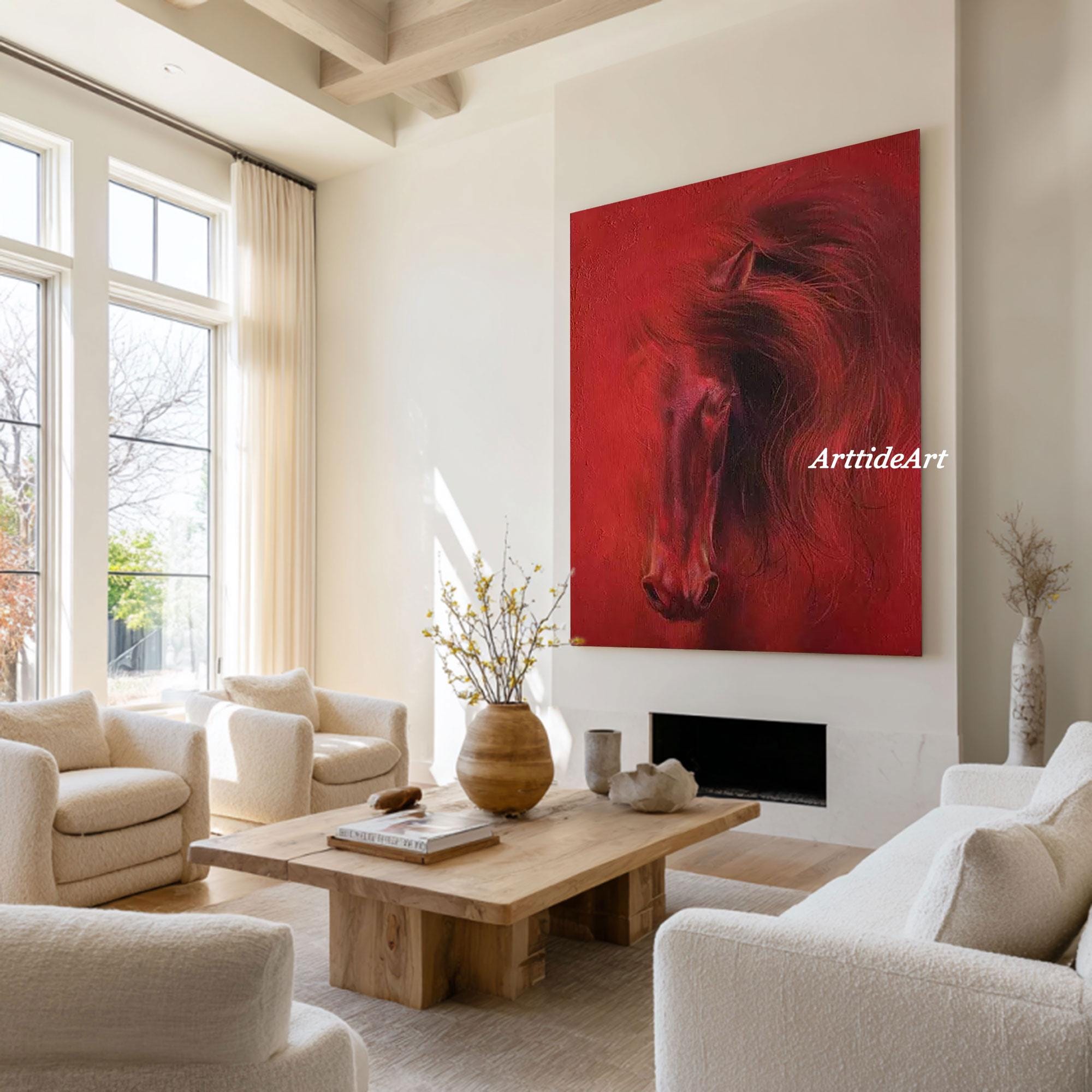 Large Red Horse Oil Painting on Canvas Modern Abstract Stallion Wall ...