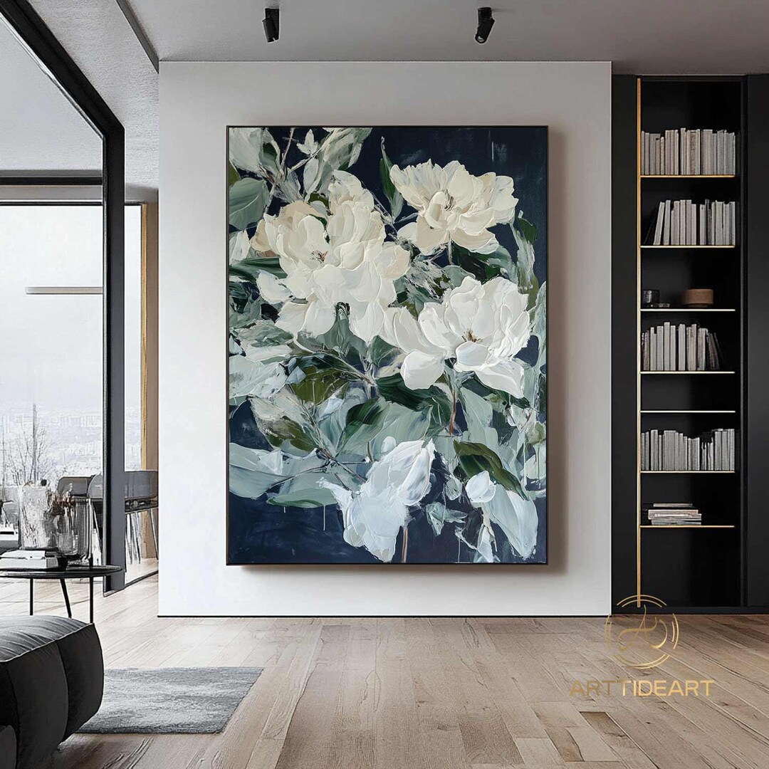 Textured Floral Oil Painting on Canvas: Abstract Green & White Flower ...