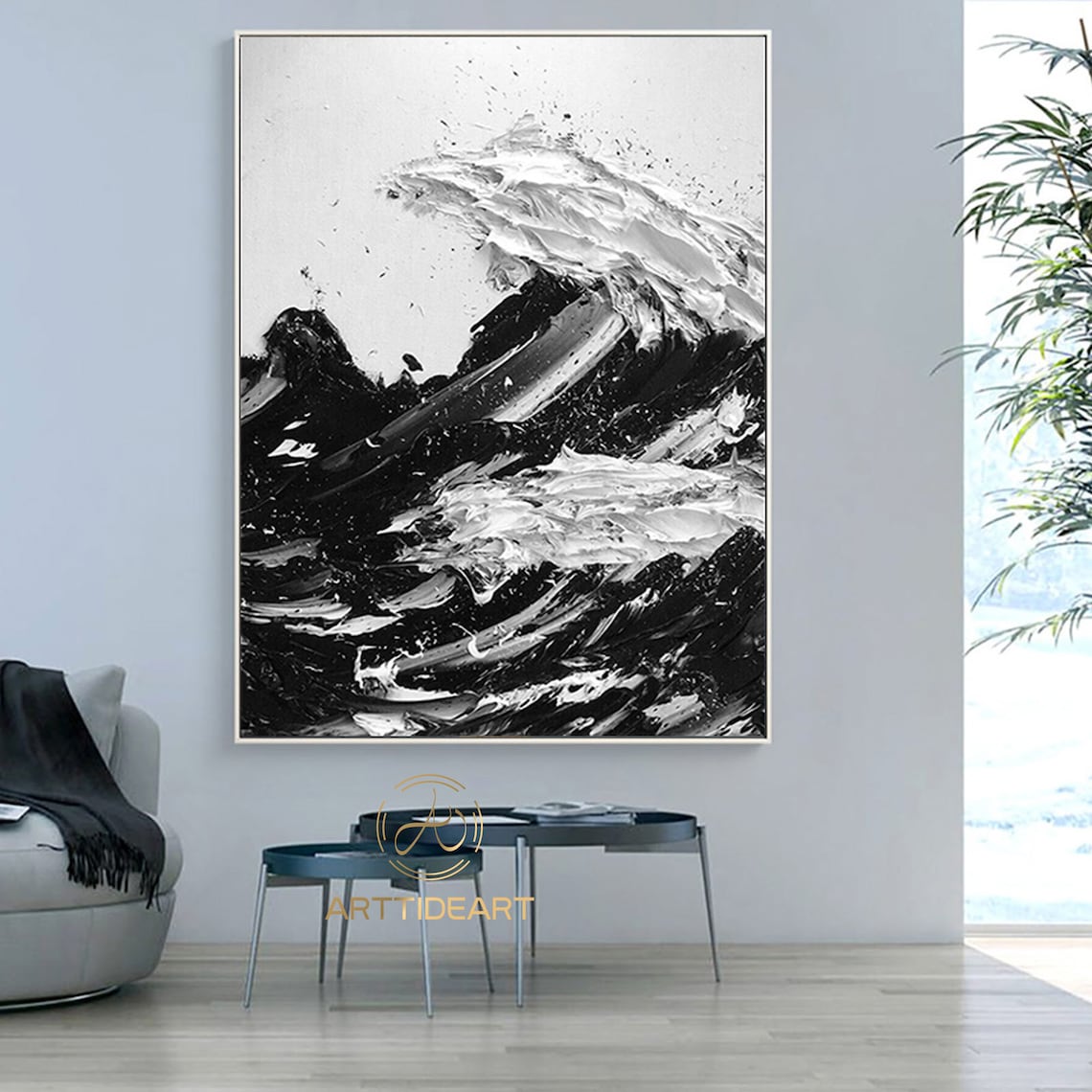 Large ocean painting black and white wave wall art beach | Etsy