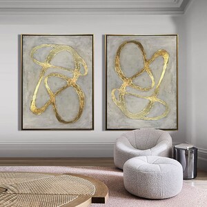 Gold Minimalist Abstract Painting Set of 2 Gold Wall Art Gold line Minimalist Painting Set of 2 White Abstract Painting Living Room Wall Art