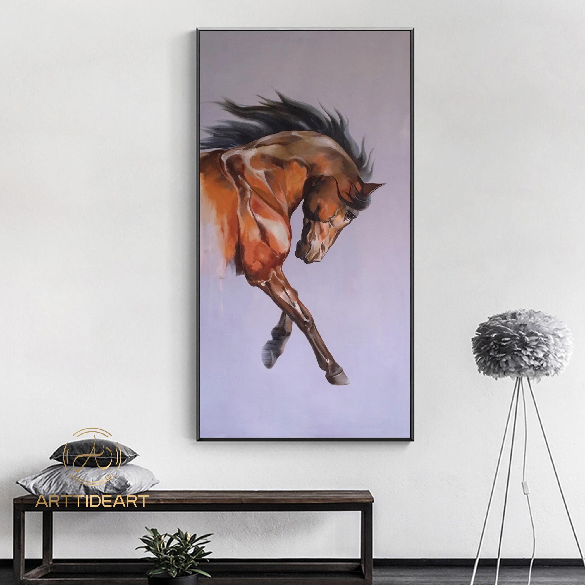 油絵　馬 大きな抽象的な茶色の馬の油絵：オリジナルの動物アート（40x24インチ