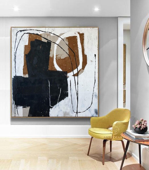 Brown Beige Abstract Minimal Art Black and White Minimal Painting