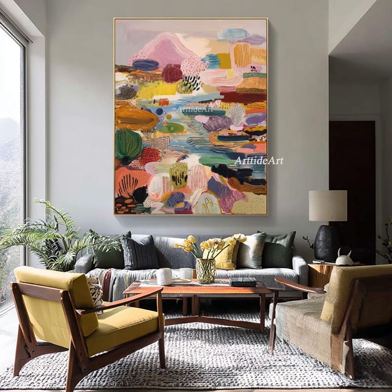 Large Abstract Landscape Oil Painting Whimsical Nature Wall Art Vibrant ...