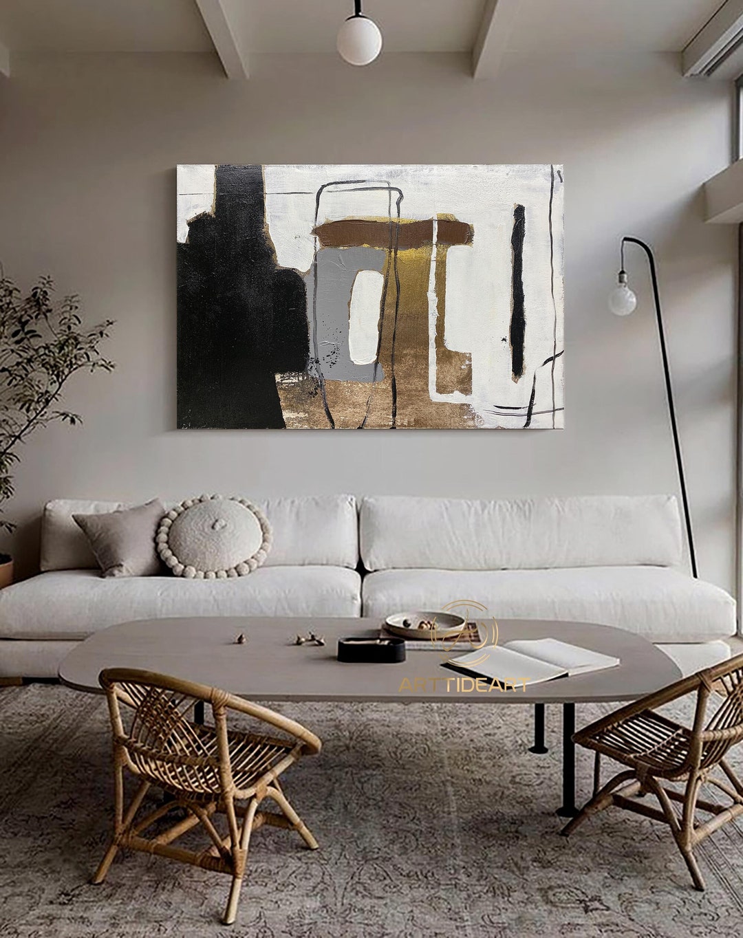 Large Black and Beige Abstract Painting: Minimalist Canvas Art - Etsy