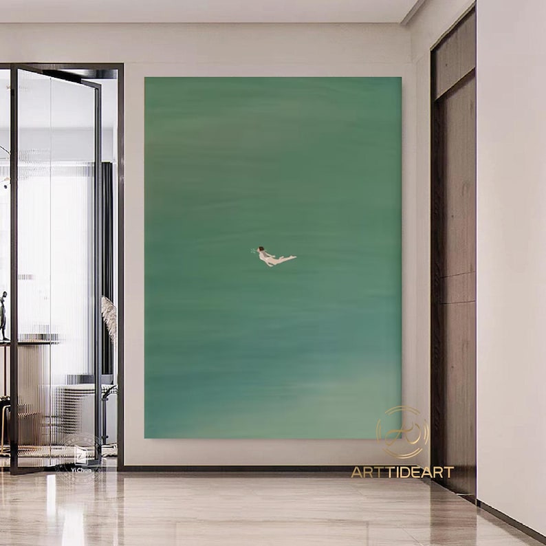 Green Abstract Art: Girl Swimming Oil Painting, Minimalist Wall Decor image 7