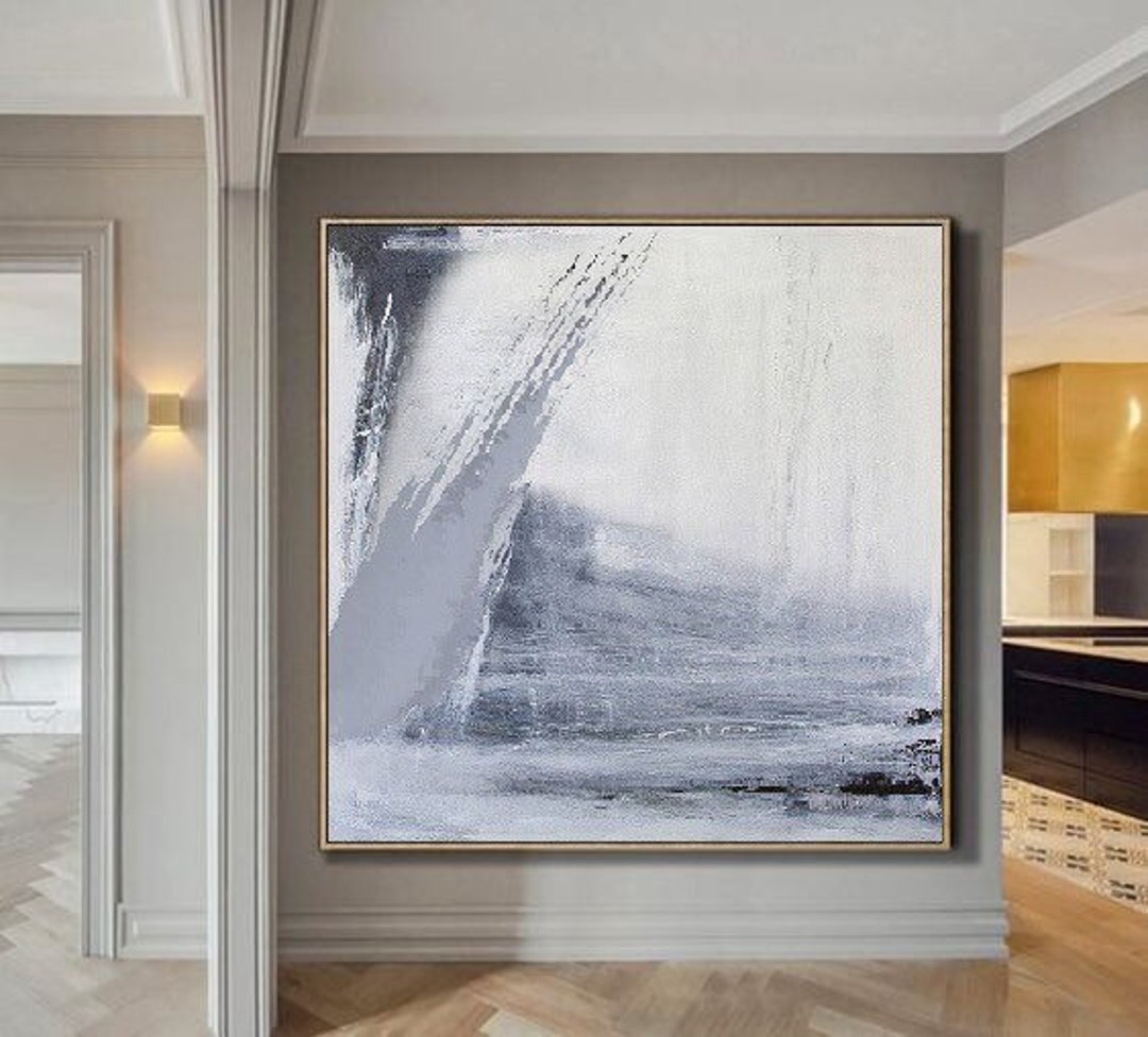 Gray Blue Wall Art Grey White Minimalist Canvas Art Large Etsy