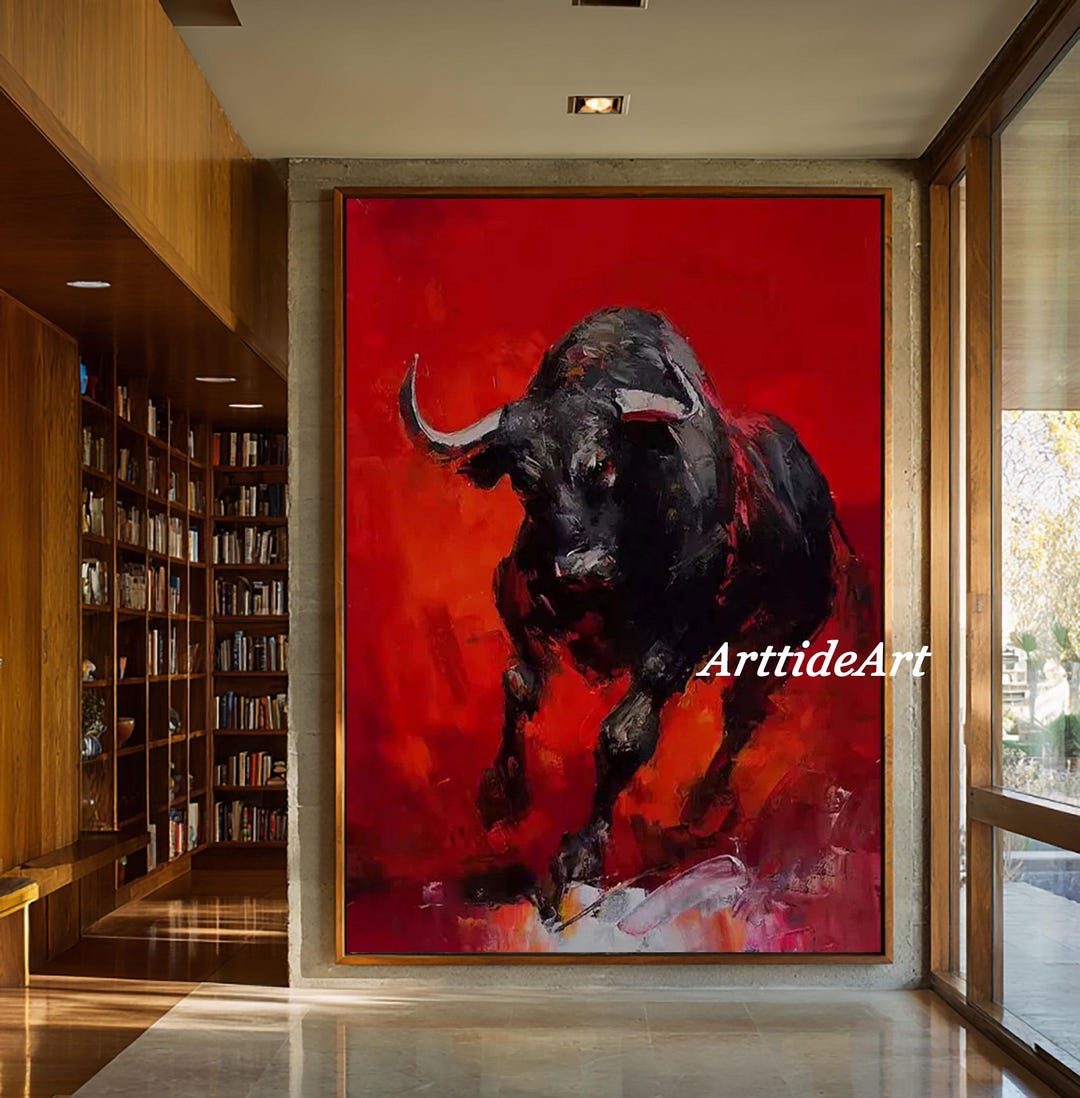 Abstract Charging Bull Painting on Canvas, Large Red Animal Wall Art ...