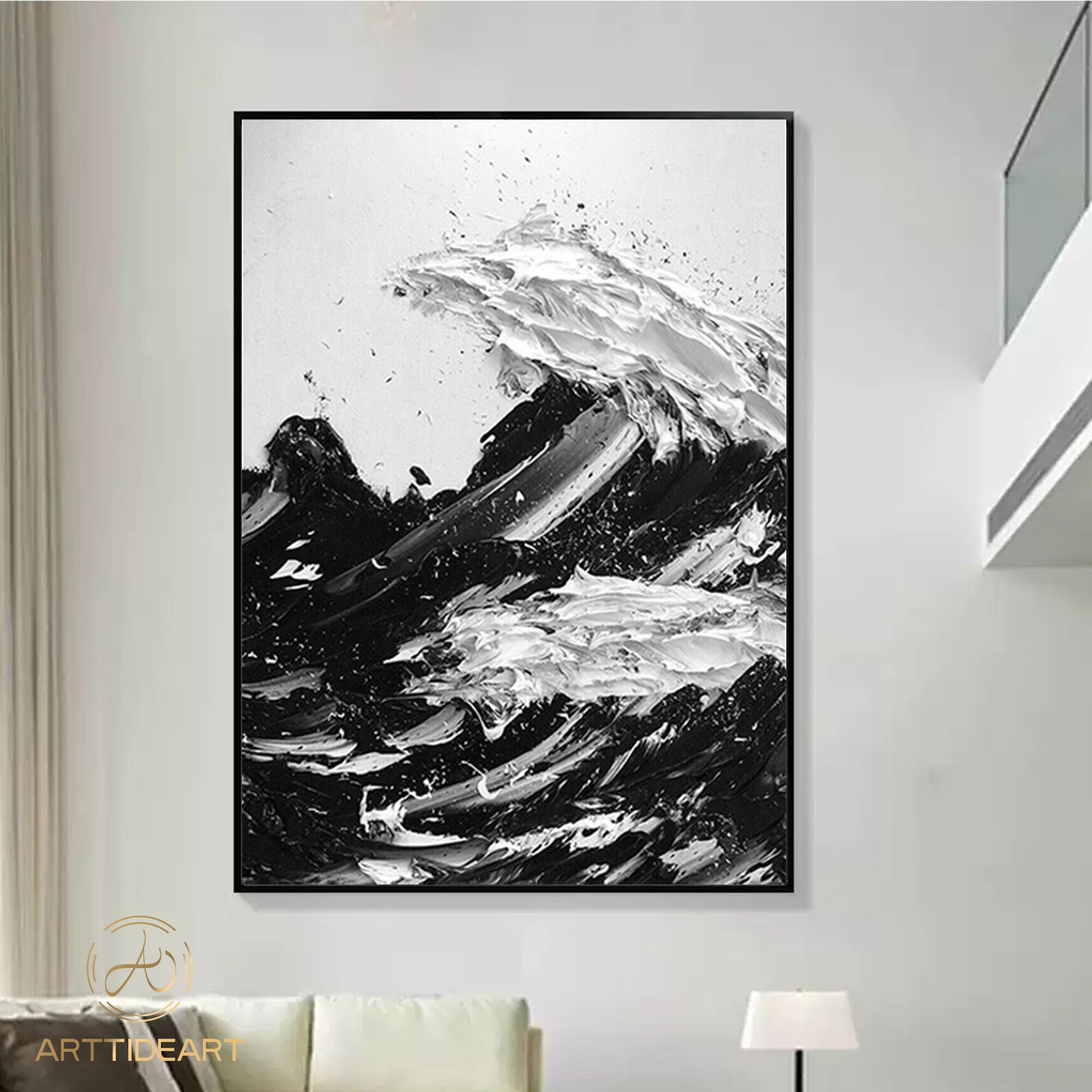 Large ocean painting black and white wave wall art beach | Etsy