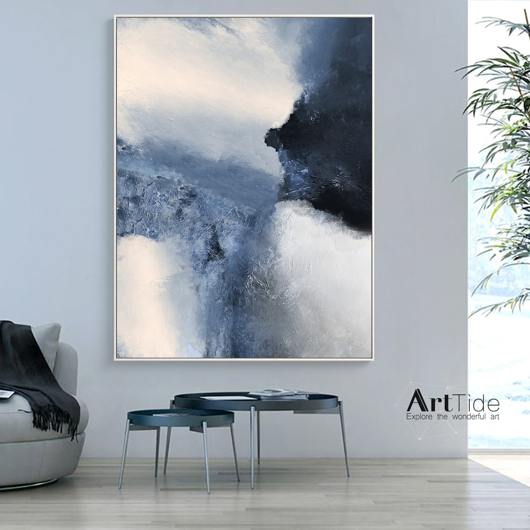 Blue White Wall Art,black and White Minimalist Canvas Art,large