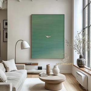 Green Abstract Art: Girl Swimming Oil Painting, Minimalist Wall Decor image 3