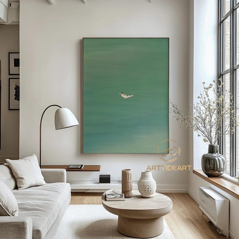 Green Abstract Art: Girl Swimming Oil Painting, Minimalist Wall Decor image 3