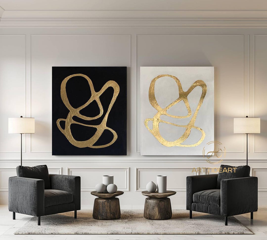Black and White Abstract Gold Art, Minimalist Painting Set (2 Piece) - Etsy