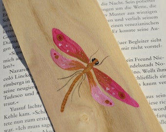 wooden bookmark | pink dragonfly | nature | hand-painted bookmark | painted wood | art | book | memory aid | hazel moon