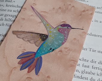 Marque page bois peint à la main -- colibri