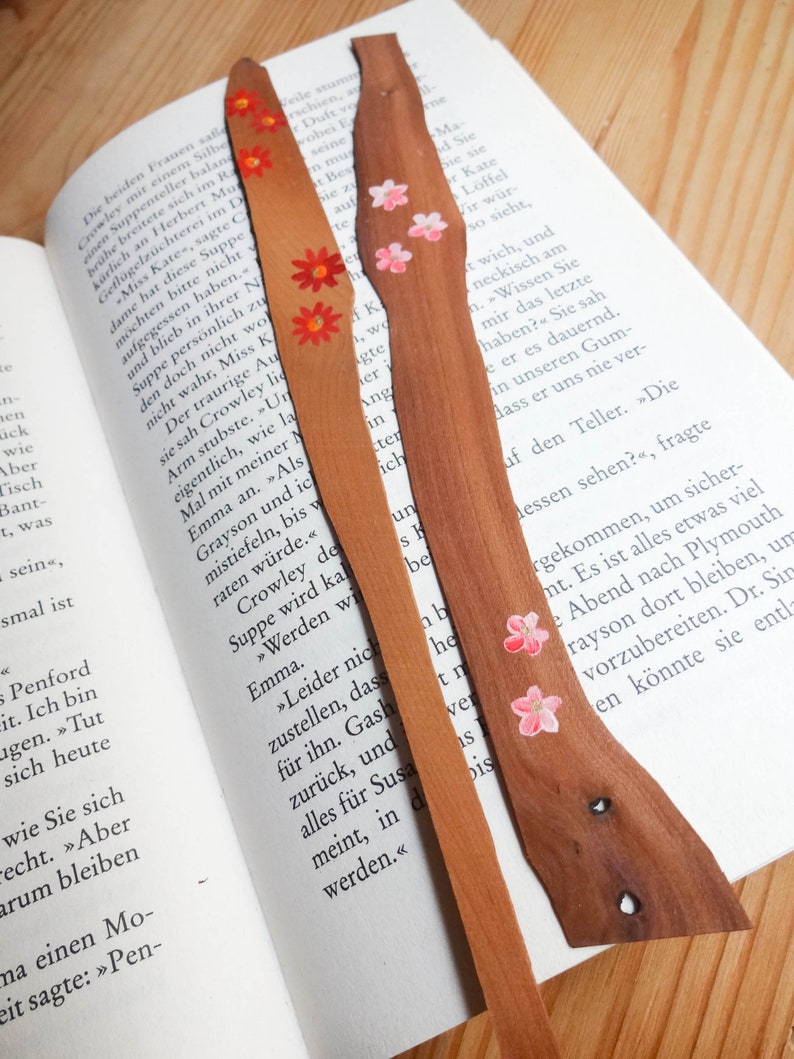 2 bookmarks made of wood hand-painted flowers image 2