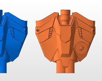 May include: Two 3D-rendered models of a futuristic chest piece. One is blue, the other is orange. Both have a central cylindrical element and angular, armored panels. The design includes vents and circular details, suggesting a mechanical or sci-fi theme.