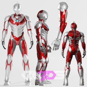 May include: A detailed image showcases a red, silver, and white action figure. The figure is in a dynamic pose, with a futuristic design. The figure has a helmet, and a blue light on the chest. The image also shows a detached arm.