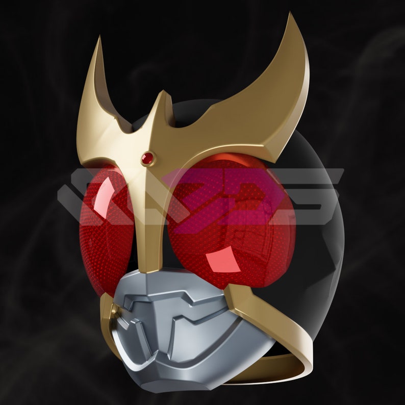 May include: A gold and silver helmet with large red eyes. The helmet features a gold crest and a silver lower face. A small red gem is set in the gold crest.